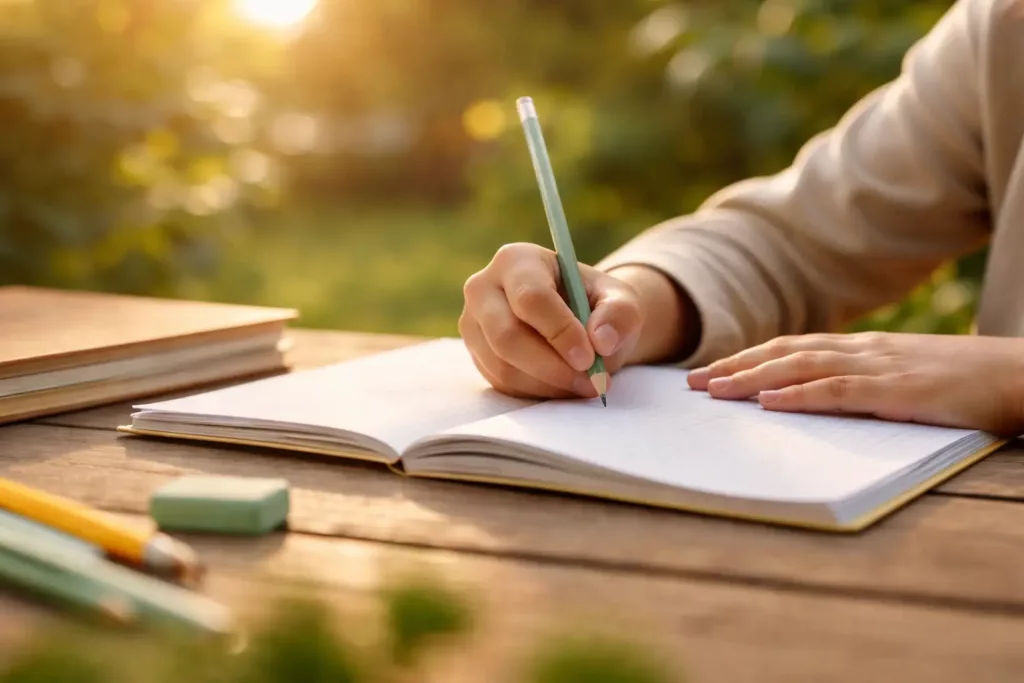 Kind arbeitet konzentriert an Rechtschreibung